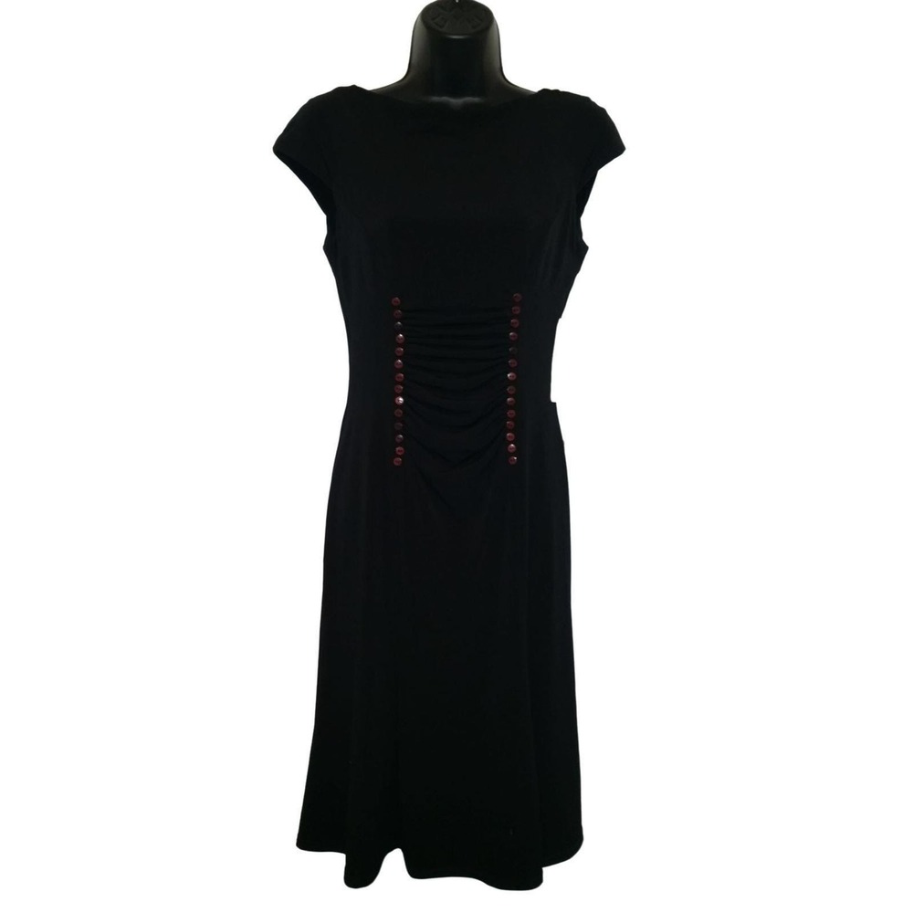 NWT Vintage Jessica McClintock Dress 8 Black Ruched Button Waist Midi Sheath LBD